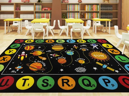Capslpad Alfombra de aula con sistema solar, 6.6 x 9.8 pies, antideslizante, con alfabeto ABC, alfombra para niños, alfombra educativa de área de