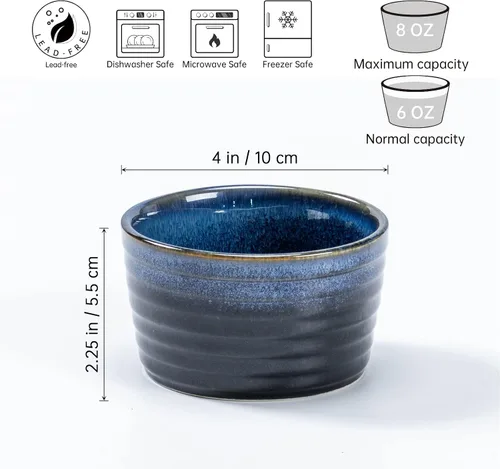 Miniatura 2 de Henten Home Juego de 6 moldes de cerámica de 8 onzas, moldes de porcelana para soufflé y crema Brulee, cuencos pequeños aptos para horno, esmalte