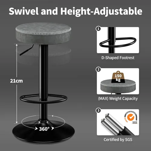 Miniatura 7 de STOOLINK Juego de 2 taburetes de bar ajustables sin respaldo de cocina con asiento redondo, taburetes de bar giratorios de 360° de altura de Gris