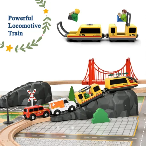 Miniatura 11 de Giant bean Juego de Tren Eléctrico de Vía de Madera de Estación de Bomberos de 72 Piezas, Kits de Juguete Ferroviario Empaquetados como Regalo