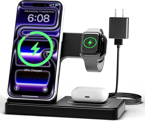 Estación de carga inalámbrica para iPhone: Soporte de cargador 3 en 1, múltiples dispositivos para Apple - iPhone 17 16e 16 15 14 Pro Max 13 12 11 -