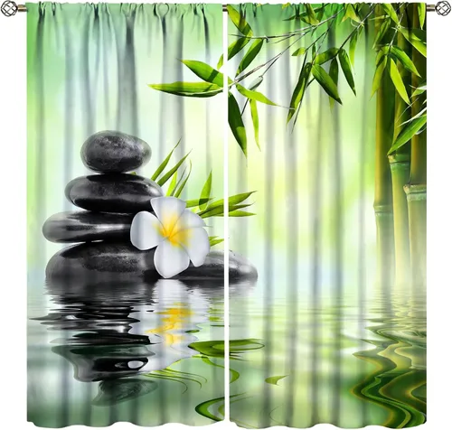 Miniatura 46 de Cortinas con estampado de bambú verde natural, plantas asiáticas, japonesas, tallos rústicos, hojas, cortina de selva con bolsillo para cortinero