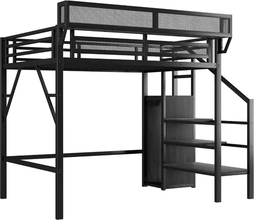 Miniatura 7 de KEIKI Estructura de Cama Loft de Metal Tamaño Twin con Escalera Convertible, Estantes de Almacenamiento Integrados y Armario, Cama Loft con Listones
