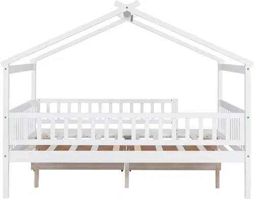 Miniatura 7 de Bellemave Cama de plataforma Montessori Full House para niños con 2 cajones de almacenamiento, barandillas y techo, madera maciza tamaño matrimonial
