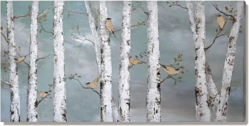 Miniatura 2 de AMATOP Arte de pared turquesa 100% pintado a mano, pintura al óleo de paisaje forestal en lienzo, obra de arte enmarcada original, pájaro dorado