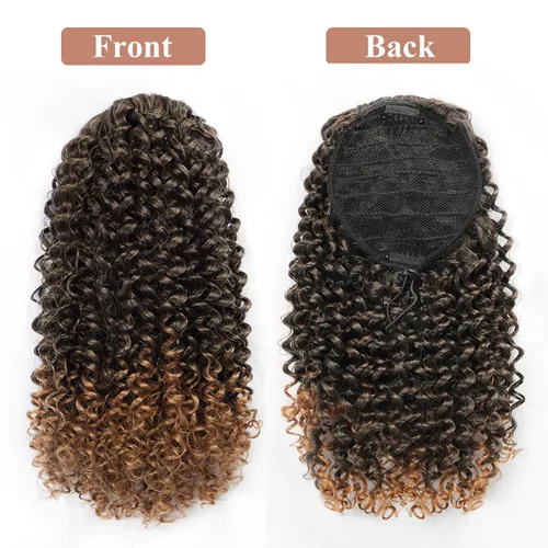Miniatura 3 de Halcyon Extensión de cola de caballo rizada para mujeres negras, extensiones de cabello rizado con cordón, mezcla de color marrón T1B/30.
