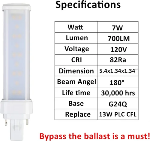 Miniatura 2 de SATZOL Bombilla LED G24q de 7 W, blanco cálido 3000K PLC-13W 4 pines G24q-1 de repuesto de bombilla fluorescente compacta, paquete de balasto