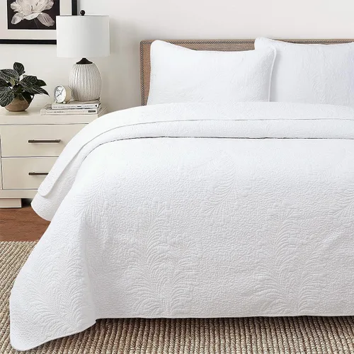 Miniatura 15 de Cozy Line Home Fashions - Juego de edredón de cama de algodón 100% Victoriano con medallón sólido blanco, matelassé, grabado, reversible, ligero