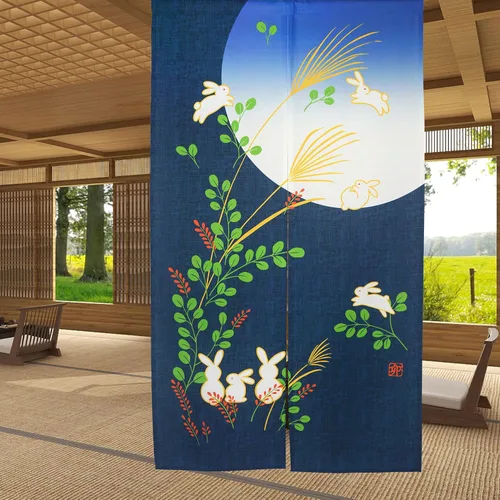 LIGICKY Noren - Cortina japonesa para puerta, diseño de conejo bajo la luna, color azul, 33 x 59 pulgadas
