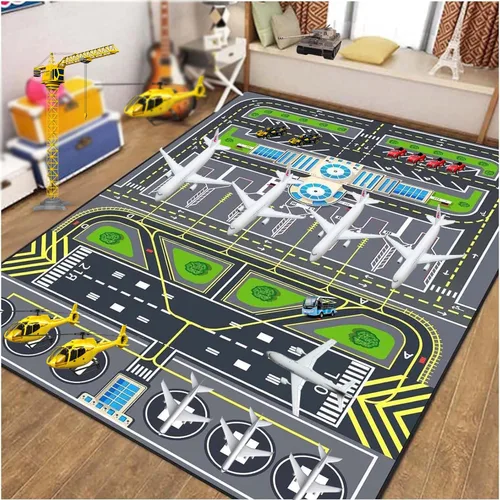 Alfombra de juego para niños, alfombra de 31 x 47 pulgadas, alfombra de aeropuerto, alfombra de aeropuerto con sistema de tráfico urbano y pista de