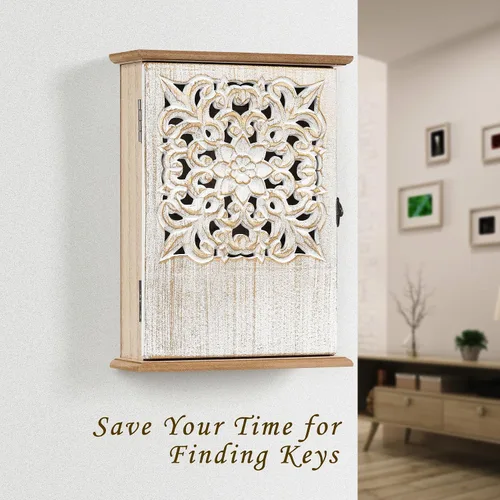 Miniatura 4 de Soporte para llaves de pared con caja de llaves y gabinete de llaves, ganchos de pared de madera para colgar en la pared, estante rústico