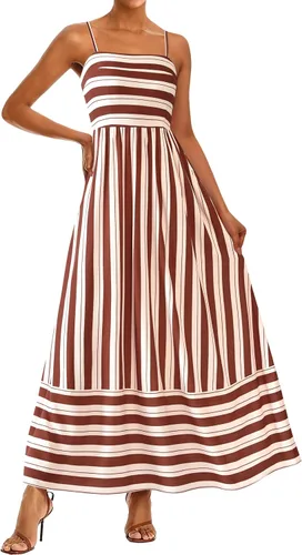 Miniatura 14 de PRETTYGARDEN Vestido largo de verano para mujer, con tirantes delgados, bohemio, floral, a rayas, para invitadas de boda, playa, vacaciones, vestido