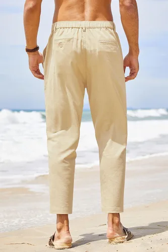 Miniatura 4 de COOFANDY Pantalones de algodón y lino para hombre, cintura elástica, ligeros, casuales, ajuste relajado, pantalones de yoga y playa con bolsillos