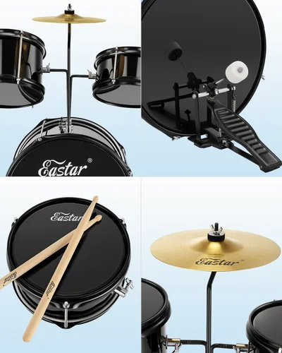 Miniatura 4 de Eastar Batería de 14'' para Niños Principiantes, 3 Piezas con Bombo Tom Snare, Trono Ajustable, Platillo, Pedal y Dos Pares de Baquetas, Metálico