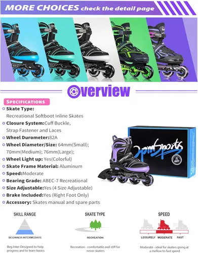 Miniatura 6 de 2PM SPORTS Patines en línea ajustables para niños de 4 a 12 años, patines en línea juveniles para niñas y niños de 5 a 8 a 12 años con ruedas de luz