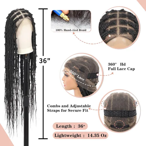 Miniatura 3 de Lexqui Pelucas trenzadas de encaje completo HD de 360° para mujer, pelucas trenzadas sin nudos, peluca trenzada de caja de mariposa con cabello