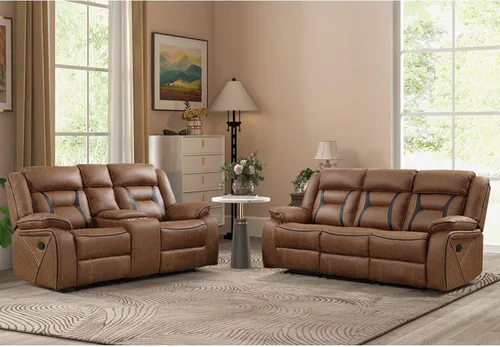 EBELLO Juego de sofá reclinable manual, juego de muebles de sala de estar reclinables de cuero sintético, incluye sofá de dos plazas y sofá Marrón