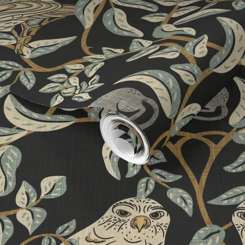 Miniatura 2 de Muestro de papel tapiz extraíble – Little Owl Damask William Morris Farmhouse Arts and Crafts Birds of Rapy, papel tapiz de transición verde suave