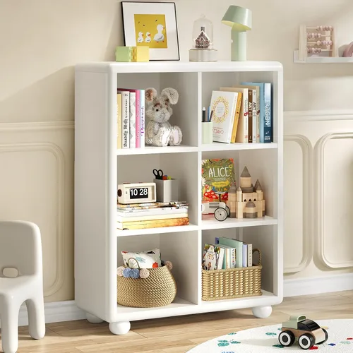 Miniatura 10 de Estantería para niños, estantería grande de madera con almacenamiento de 6 cubos, organizador de almacenamiento de juguetes para niñas con pintura