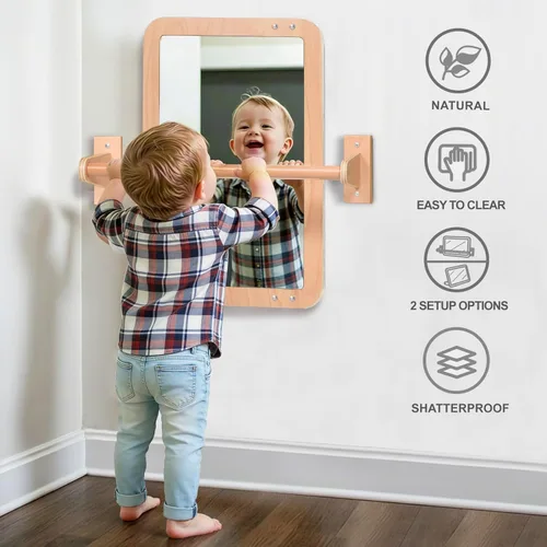 Miniatura 3 de Montessori Baby Espejo de seguridad inastillable 2 en 1 con barra de dominadas, montaje en pared infantil y juego en el suelo para el tiempo boca