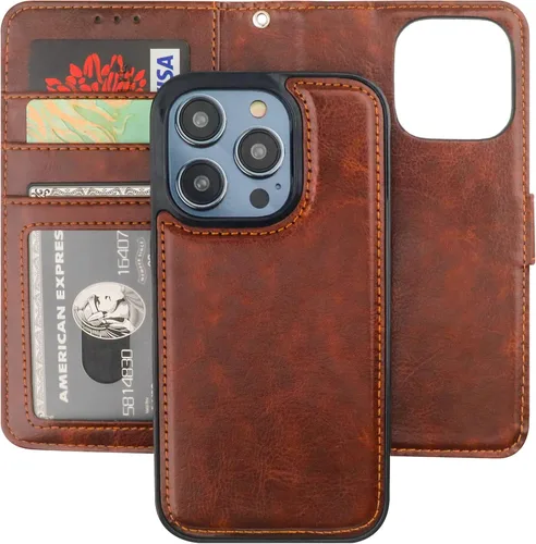 Miniatura 23 de Bocasal Funda tipo cartera desmontable para iPhone 14 Pro con bloqueo RFID, ranuras para tarjetas, soporte magnético de piel sintética de alta Negro