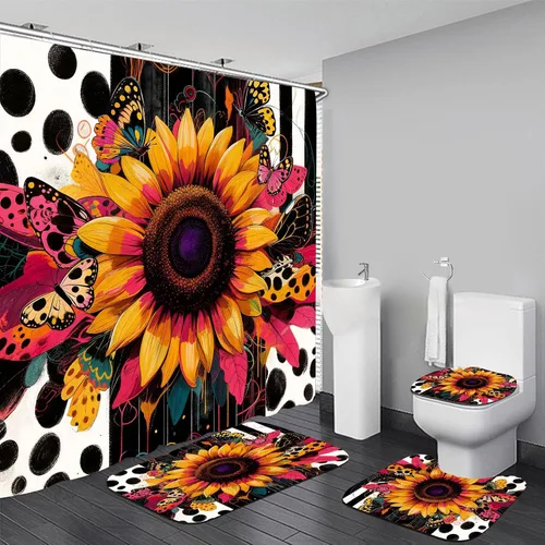 Miniatura 11 de AZHM Juego de 4 piezas de cortinas de ducha con alfombras Juego de baño de girasol decoración citas inspiradoras cortinas de baño juego de ducha