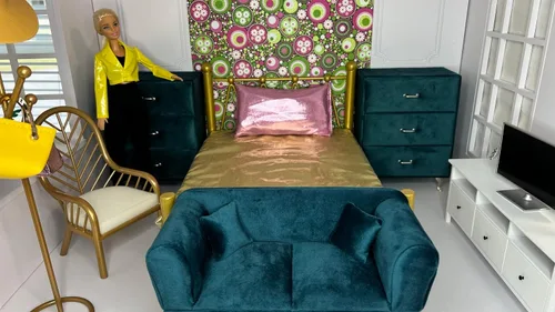Miniatura 2 de Eledoll 1:6 Muebles para casa de muñecas Sofá de terciopelo verde oscuro pavo real