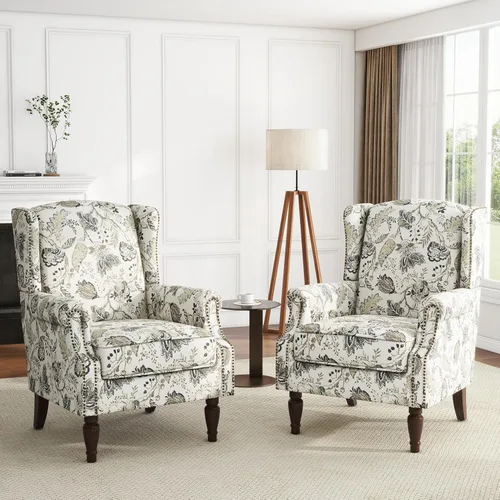 Miniatura 46 de Silla de Acento de Respaldo Alto, Sillón Tapizado en Tela para Sala de Estar, Sillón Wingback con Estampado Floral con Patas de Madera Maciza, Sofá