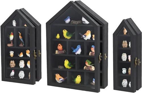 Miniatura 18 de Ikee Design Juego de 3 piezas montadas en la pared en forma de casa de madera con forma de cubículo de sombra con puerta, vitrina de almacenamiento