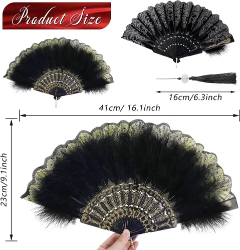 Miniatura 2 de Namalu - Abanico de plumas bordado, 2 piezas, diseño de marabú de los años 20, plegable, drag queen para mujeres de los años 20, disfraz de fiesta