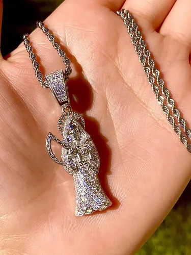 Miniatura 3 de Shop-iGold Iced Santa Muerte Hombres Mujeres 925 Italia Colgante de plata helada Ice Out de acero inoxidable real 0.118in cuerda cadena, Mans