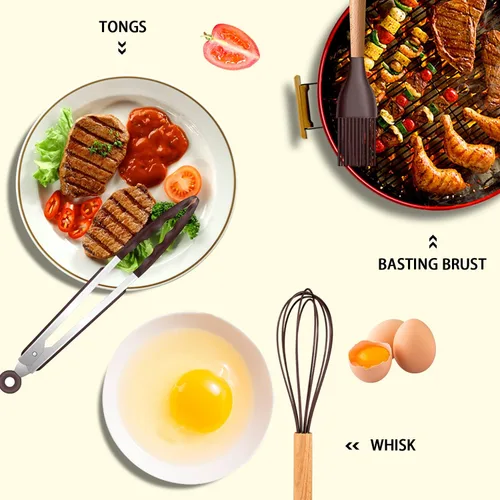 Miniatura 5 de MIBOTE Juego de utensilios de cocina de silicona con soporte, mangos de madera, pinzas para voltear, espátula, cuchara, utensilios de cocina