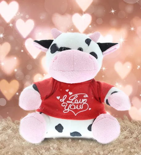 Miniatura 4 de DolliBu Vaca de peluche con texto en inglés "I Love You", bonito animal de peluche con camisa roja y nombre, regalo personalizado para el día de San