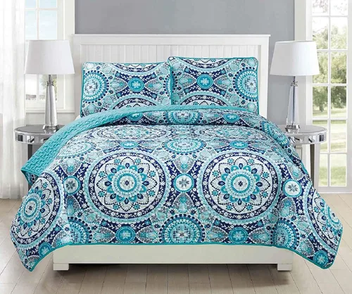 Miniatura 7 de Fancy Collection Juego de Cubrecama Acolchada de 3 Piezas, Tamaño Grande, Nuevo (Full/Queen, Aqua, Turquesa, Costero Llano/Gris Verde, Blanco)