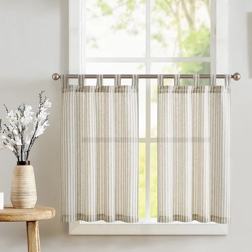 Miniatura 12 de jinchan - Cortinas de lino a rayas para cocina de 20 pulgadas de largo, cortinas de varios niveles, estilo granja moderna de café, tratamientos