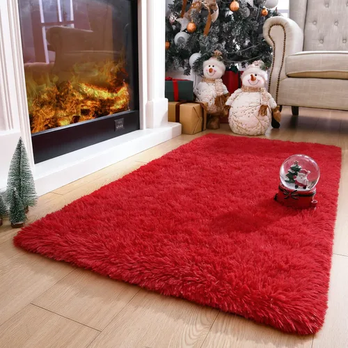 DETUM Alfombra de pasillo peluda roja de 2 x 4 pulgadas, para dormitorio, mesita de noche, alfombras suaves para habitación de niños,