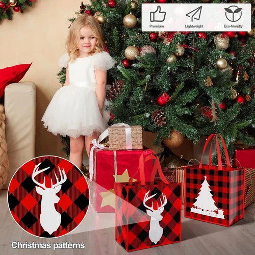 Miniatura 7 de Aneco 12 bolsas grandes reutilizables de Navidad rojas y negras no tejidas con asas, bolsas de regalo para suministros de fiesta, 14 x 13.8 x 7.5