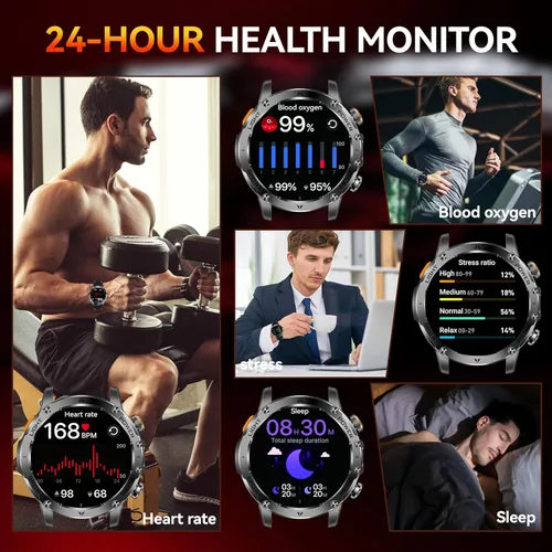Miniatura 7 de KPEP Military Smart Watches for Men with 2 Straps, 1000mAh Battery/LED Flashlight/IP67 Waterproof Smartwatch, Stress/Blood Oxygen/Heart Rate/Sleep