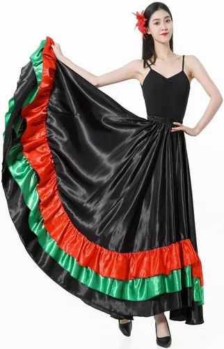 Miniatura 2 de Falda larga de baile para adultos, color negro, rojo, verde, falda folklórica para disfraz de Halloween flamenco mexicano