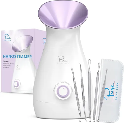 NanoSteamer - Vaporizador facial nano iónico grande 3 en 1 con control preciso de temperatura - Humidificador - Desobstruye los poros - Puntos