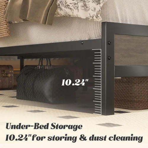 Miniatura 8 de Fluest Base de cama tamaño queen con cabecera y estribo, estación de carga integrada y luz LED, estante de almacenamiento, sin ruido, no necesita