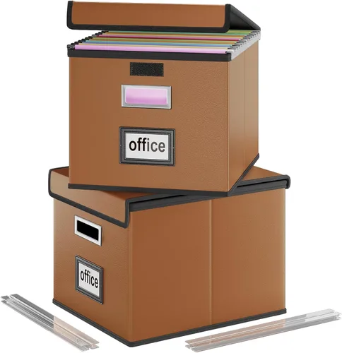 Miniatura 17 de Caja Organizadora de Archivos con Tapa, Caja Organizadora Plegable de Cuero Sintético para Carpetas Colgantes con Rieles de Plástico, Cajas (cuero)