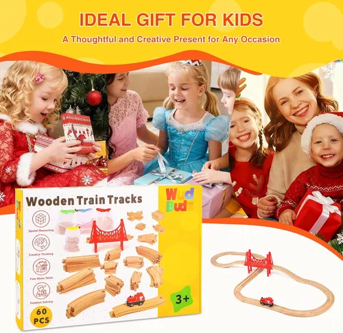 Miniatura 8 de Juego de 60 pistas de tren de madera, accesorios de expansión para niños pequeños de 3 a 5 años, 100% compatible con todas las principales marcas