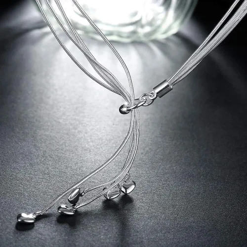 Miniatura 5 de SOSUO - Collar de cinco cadenas de plata de ley 925 con cinco dijes de corazón (18pulgadas, 20 pulgadas, 21.6 pulgadas)
