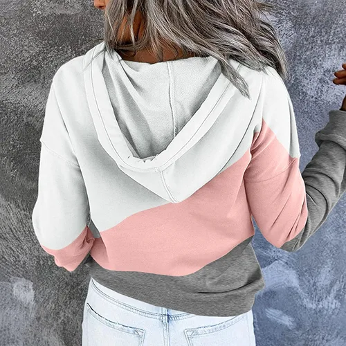 Miniatura 5 de Sudaderas con capucha de moda con bloques de color para mujer sueltas casuales con botones manga larga con cordón con bolsillo