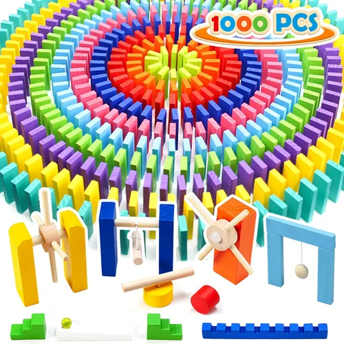 WOOD CITY Juego de dominó de 1000 piezas para niños con 20 bloques adicionales, coloridos azulejos de dominó para construir, apilar, carreras,