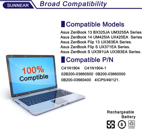 Miniatura 4 de C41N1904 C41N1904-1 Reemplazo de batería para ZenBook 13 BX325JA UX325SA UM325SA UX363EA-EM045R 14 UX425UA UM425IA HM053T Flip S13 UX393EA VivoBook