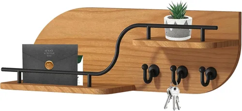 Miniatura 12 de Soporte para llaves de pared, organizador decorativo de llaves y correo con 3 ganchos de metal y 2 estantes, estante de llaves de madera montado