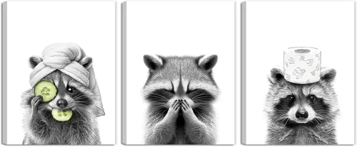 Miniatura 7 de Adorable póster artístico de mapache para baño, divertido póster de decoración de pared en blanco y negro, impresiones en lienzo de animales lindos