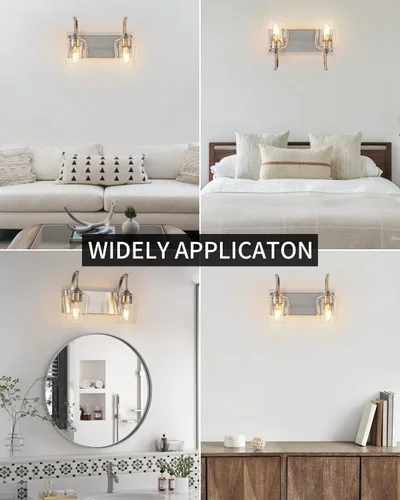 Miniatura 7 de foucasal Accesorios de Luz de Baño de Níquel Cepillado Luz de Tocador de Baño con Pantalla de Vidrio Transparente, 2 Luces Modernas de Pared
